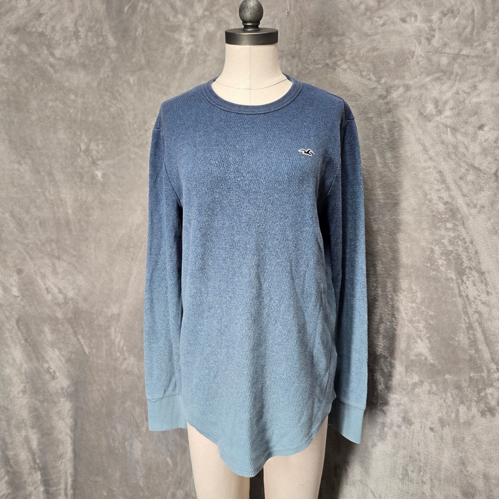 Hollister Unisex Large Blue Ombre Long Sleeve Thermal‎ Top Gradient Curved Hem
